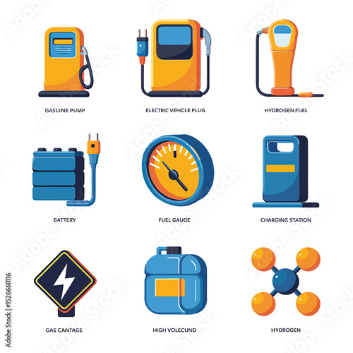 vector icons to vehicle fueling and charging a gasoline pump, an electric vehicle plug hydrogen mole