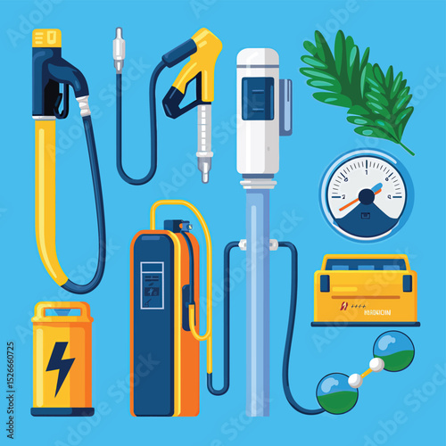 vector icons to vehicle fueling and charging a gasoline pump, an electric vehicle plug hydrogen mole