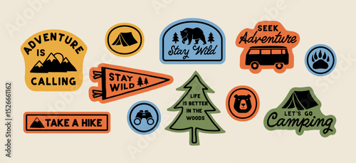Outdoor adventure badge set featuring camping quotes and forest illustrations. Perfect for t-shirt designs, stickers, travel gear, or hiking-themed merchandise.