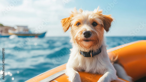 Scared dog in lifeboat escaping city flood with clear skies and blue sea in the background