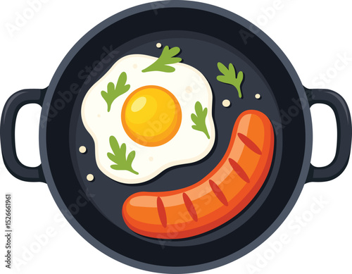 Fried egg and sausage skillet, garnished with herbs, create delicious breakfast scene. vibrant colors and simple design evoke sense of warmth