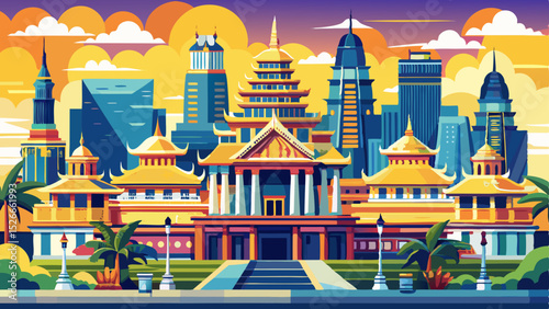 Daytime Skyline of Phnom Penh with Royal Palace and Modern Buildings Very beautiful