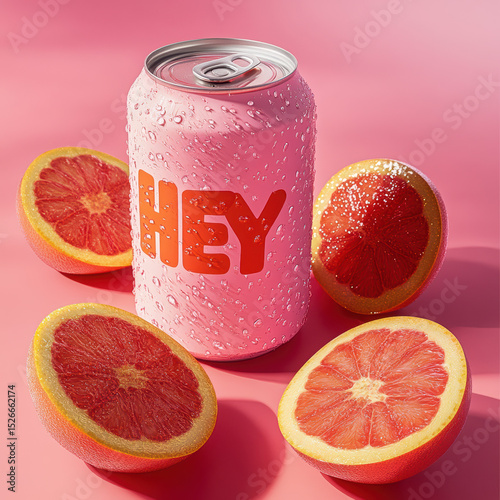 Wallpaper Mural  A vibrant, high-resolution studio photo of a pink canned beverage surrounded by fresh grapefruit halves. The can is light pink with bold, modern orange-red typography reading "Hey" in large letters.  Torontodigital.ca