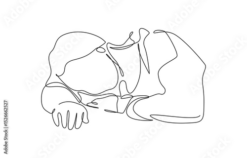 Woman tired sleepy overwork office line art, Continuous single line sketch drawing of business woman in depression, stressed, and despair. One line art vector illustration.