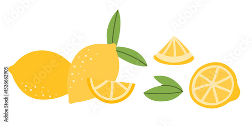 Lemon whole and slices pile, organic fruit set. Tropical yellow summer fresh ripe food, vector