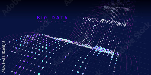 Dots big data on curve way flow quantum computing. Futuristic digital data stream in dark. Technology transmission information in waves grid cyberspace.Big data.