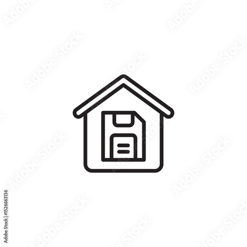 A black outline icon depicting a house with a floppy disk inside, symbolizing home data storage, local backup, or saving files to a personal computer.