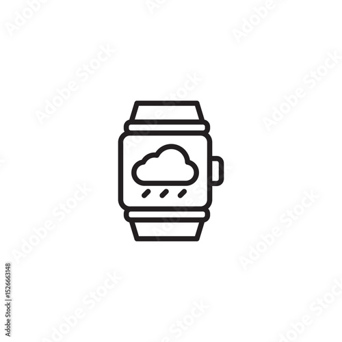 A black outline icon of a smartwatch displaying a cloud with rain droplets, symbolizing weather information on a wearable device or a cloud-connected smartwatch.