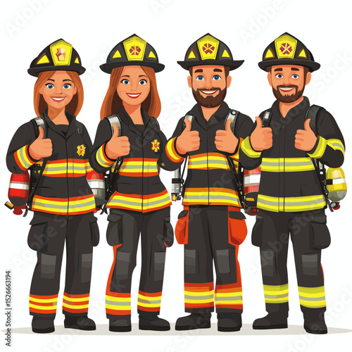 Cartoon Firefighters Group with Thumbs Up