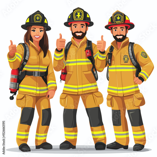 Cartoon Firefighters Group with Thumbs Up