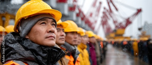 a group of construction workers in hard hats and safety gear stands outdoors during a rainy day photo
