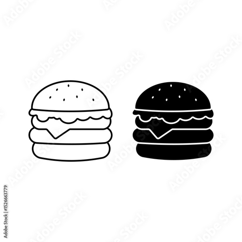 Black and white vector illustration of a classic burger in two styles - outline and filled. Perfect for interfaces, mobile apps, menu design, food blogs, printed products or icons in gastronomic proje