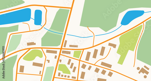 City map navigation. GPS navigator. Top view, view from above. Simple realistic map design with small town, forest and fields, river and lakes. Landscape with river. Flat style vector illustration.
