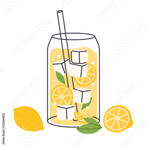 Lemonade refreshment drink, lemon soda in glass with straw and mint, vector icon hand drawn style