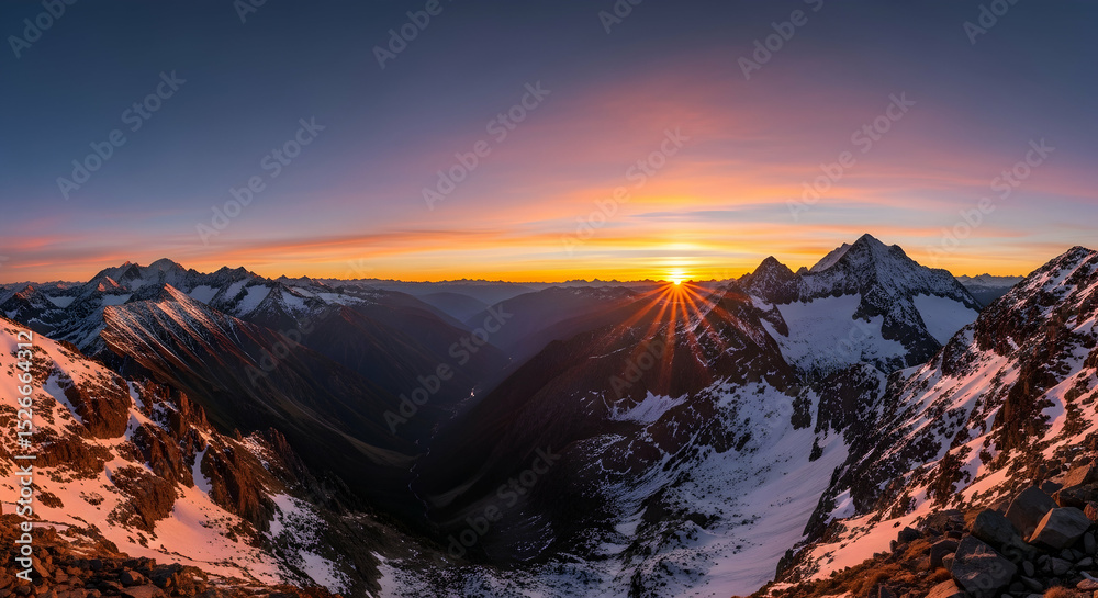 Fototapeta premium Panoramic Alpine Vista: Sunrise over Snow-Capped Peaks and Serene Valley