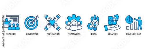 Workshop icon set vector illustration concept relate to teacher, objectives, motivation, teamwork, ideas, solution, and development