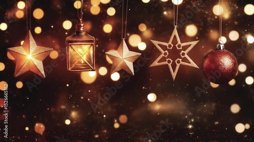 Festive Illumination: A captivating scene of sparkling stars, lanterns and ornaments, hanging elegantly amidst a warm, glowing bokeh backdrop. Ideal for winter holidays!