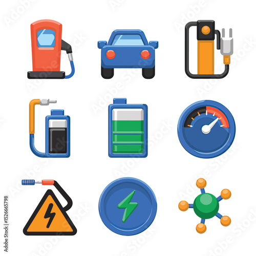 vector icons to vehicle fueling and charging a gasoline pump, an electric vehicle plug hydrogen mole