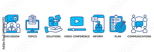 Meeting icon set vector illustration concept relate to business meeting and discussion with communications, topics, solutions, plan, inform and video conference icon