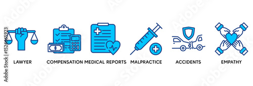 Personal injury law icon set vector illustration concept relate to lawyer, compensation, medical reports, malpractice, accidents and empathy