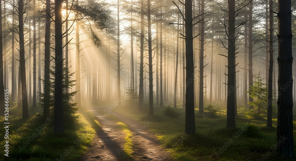 Fototapeta premium Misty Forest Trail Bathed In Early Morning Sunlight Filtering Through Trees