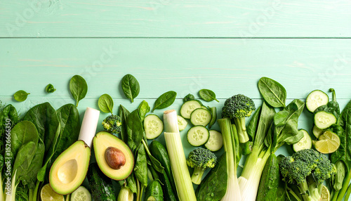 Bodegon con espinacas, brocoli, puerros, acelgas, aguacates y pepino, alimentos saludables para una dieta vegetariana sana