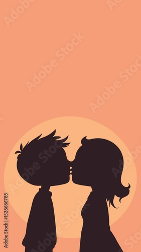 Animated silhouette of a kissing couple with flying hearts. Vertical video.