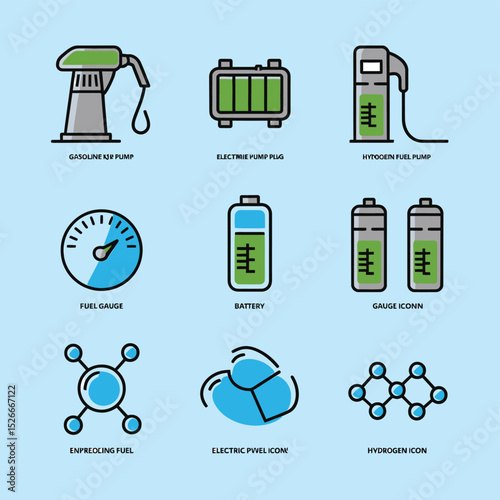 vector icons to vehicle fueling and charging a gasoline pump, an electric vehicle plug hydrogen mole