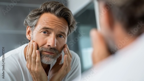 Man examining his face and beard in the mirror with a thoughtful expression.
