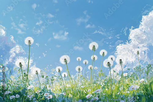 Dandelions and tsukkusas are swaying in the wind under a blue sky and clouds against a background of blue and green
