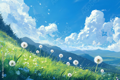 Dandelions and tsukkusas are swaying in the wind under a blue sky and clouds against a background of blue and green
