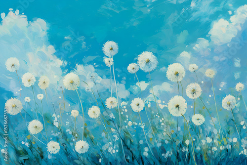 Dandelions and tsukkusas are swaying in the wind under a blue sky and clouds against a background of blue and green
