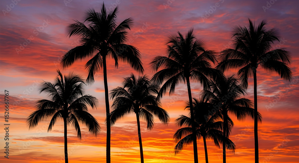 Obraz premium Majestic Palm Trees Silhouetted Against a Vibrant Tropical Sky at Twilight