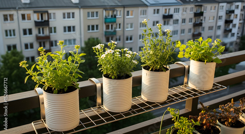 Plants Growing on Balcony in Upcycled Cans with Urban View photo