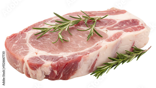 Single Raw Beef Chuck Steak with Rosemary Sprigs, Isolated on White, AI generated
