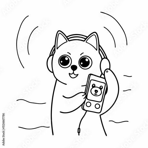 Vector cute shiba inu cartoon character playing smartphone and listening to misic
