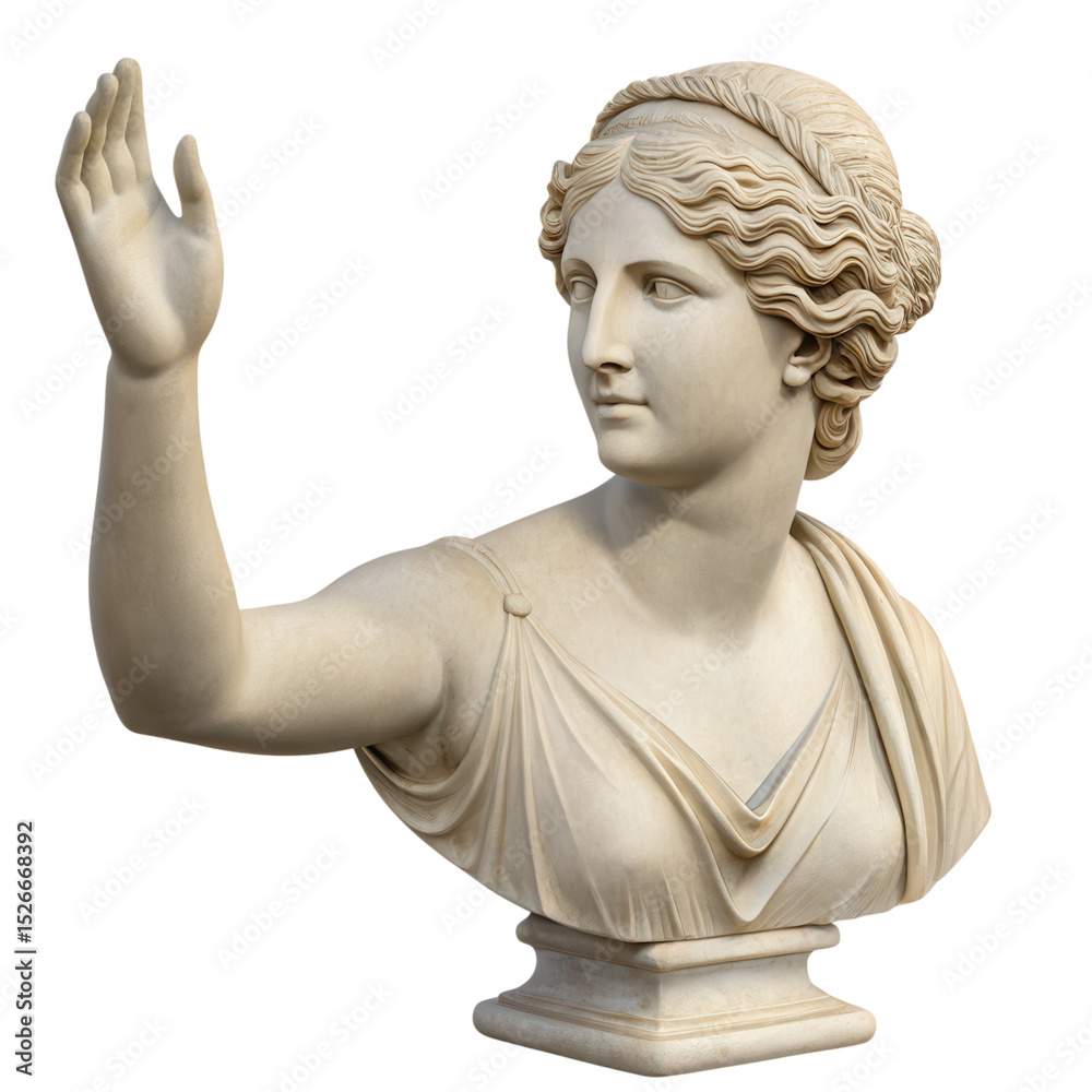 Obraz premium A classical marble bust of a woman with wavy hair, draped clothing, and an outstretched arm and hand in a graceful pose.