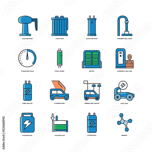vector icons to vehicle fueling and charging a gasoline pump, an electric vehicle plug hydrogen mole