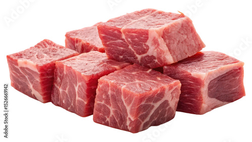 Close-up of Diced Raw Beef Cubes, Isolated on White, AI generated