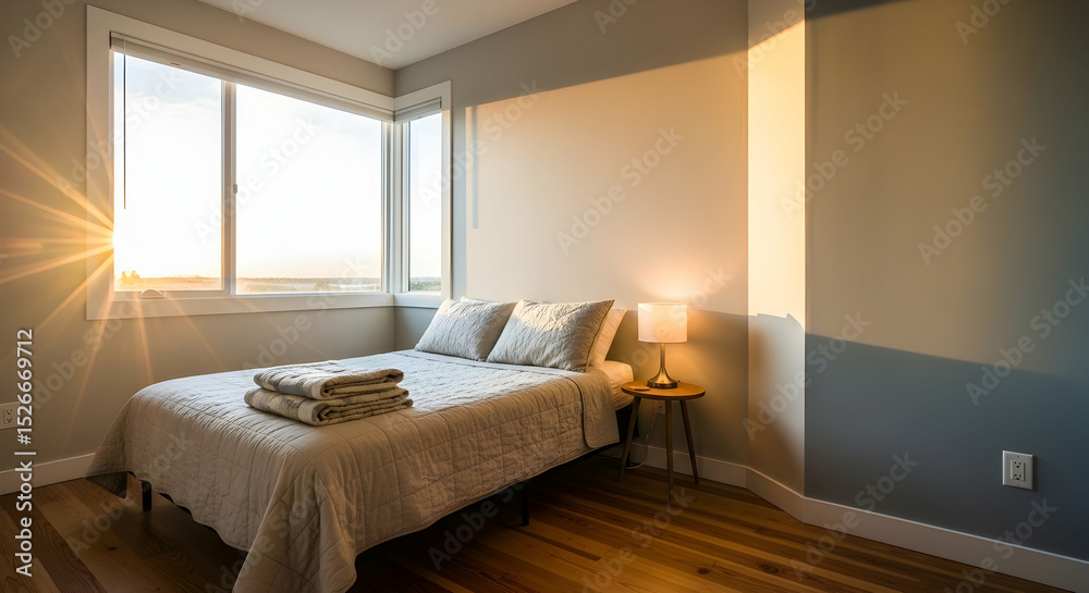 Fototapeta premium Bright And Comfortable Bedroom With A View And Natural Light At Sunrise