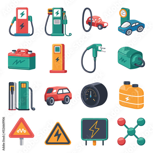 vector icons to vehicle fueling and charging a gasoline pump, an electric vehicle plug hydrogen mole