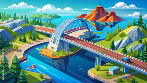 Aerial view of bridge asphalt road with car driving over blue water lake in Finland Very beautiful