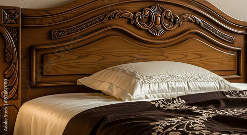 Elaborate Wooden Headboard Creates an Elegant Bedroom Sanctuary And Comfortable Resting Space photo