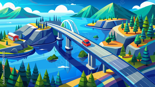 Aerial view of bridge asphalt road with car driving over blue water lake in Finland Very beautiful
