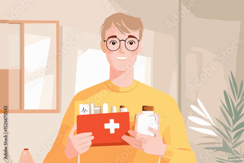 Friendly young man holding a first aid kit