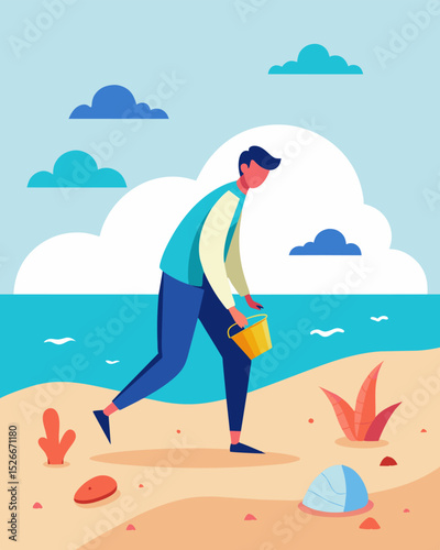 As the waves crash against the shore the freelancer takes a break from their writing and takes a peaceful walk along the sandy beach collecting seashells along the way.. Vector illustration