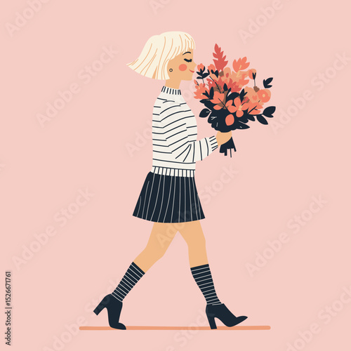 Cheerful Girl with Flower Bouquet on Pink Background