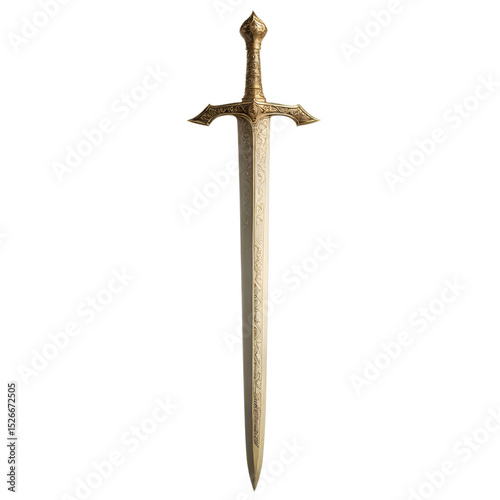 A gold sword on a white background. 