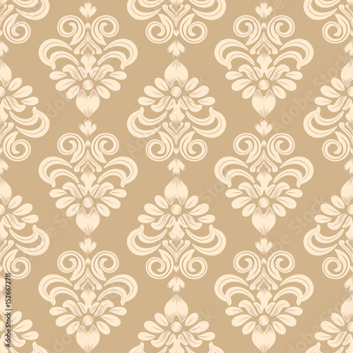 Damask seamless cream abstract floral pattern and light brown background, vintage design, vector illustration elegant for textile, wall paper, bedding, curtains. cushion cover, rug, scarf, fashion