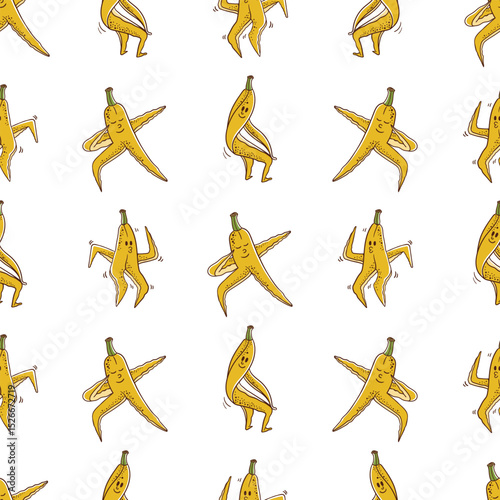 Seamless Pattern of Playful Cartoon Dancing Banana Peels
